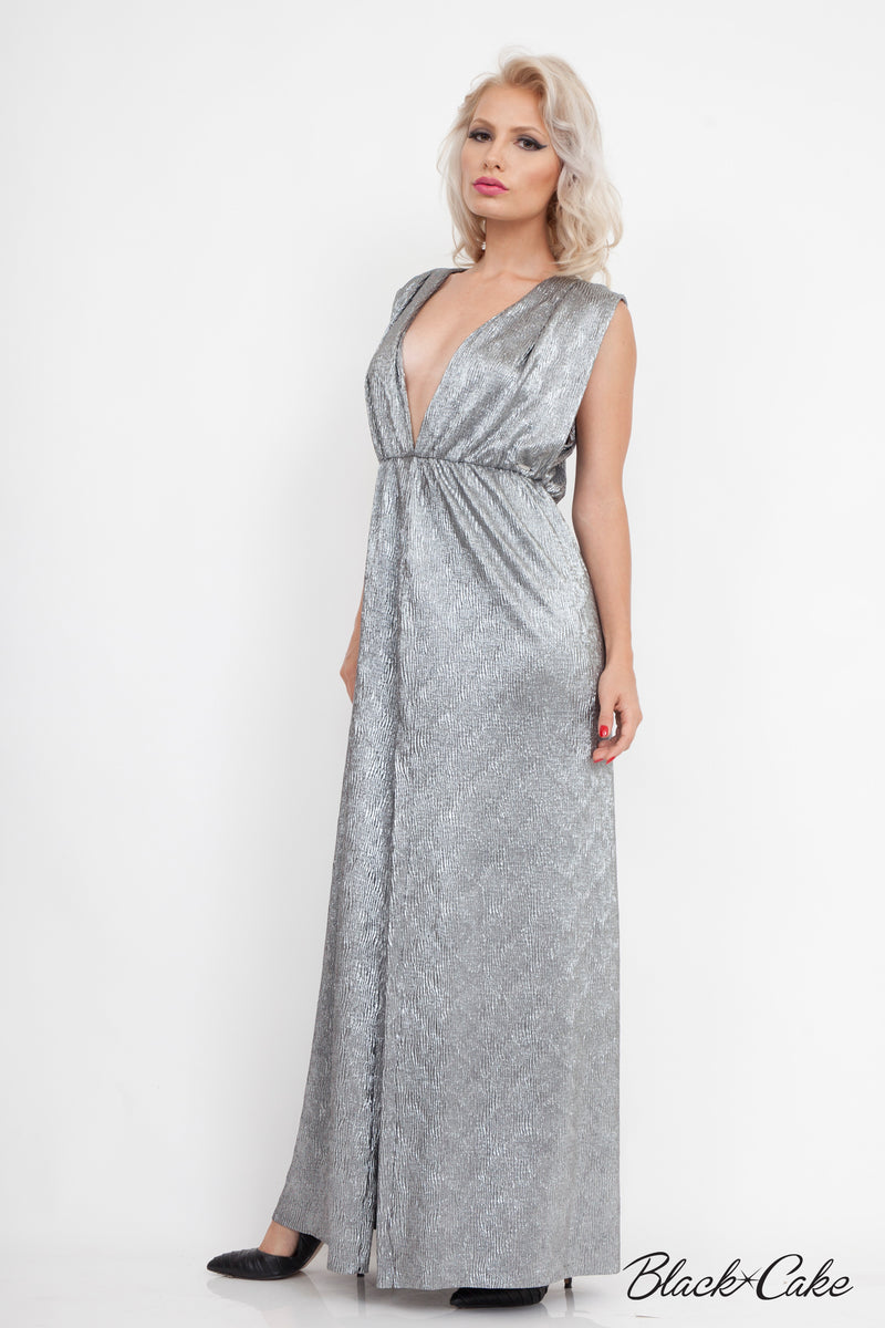 knee length dresses for ladies Gunmetal Grey Foil Draped Plunge Mini Dress by Chloe Lewis