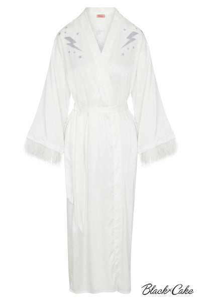 Bowie Cosmic Space Oddity Satin Feather Accented Dressing Gown Robe