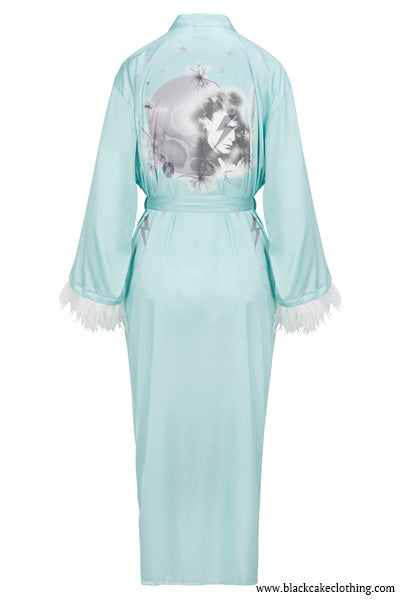 Bowie Cosmic Space Oddity Satin Feather Accented Dressing Gown Robe