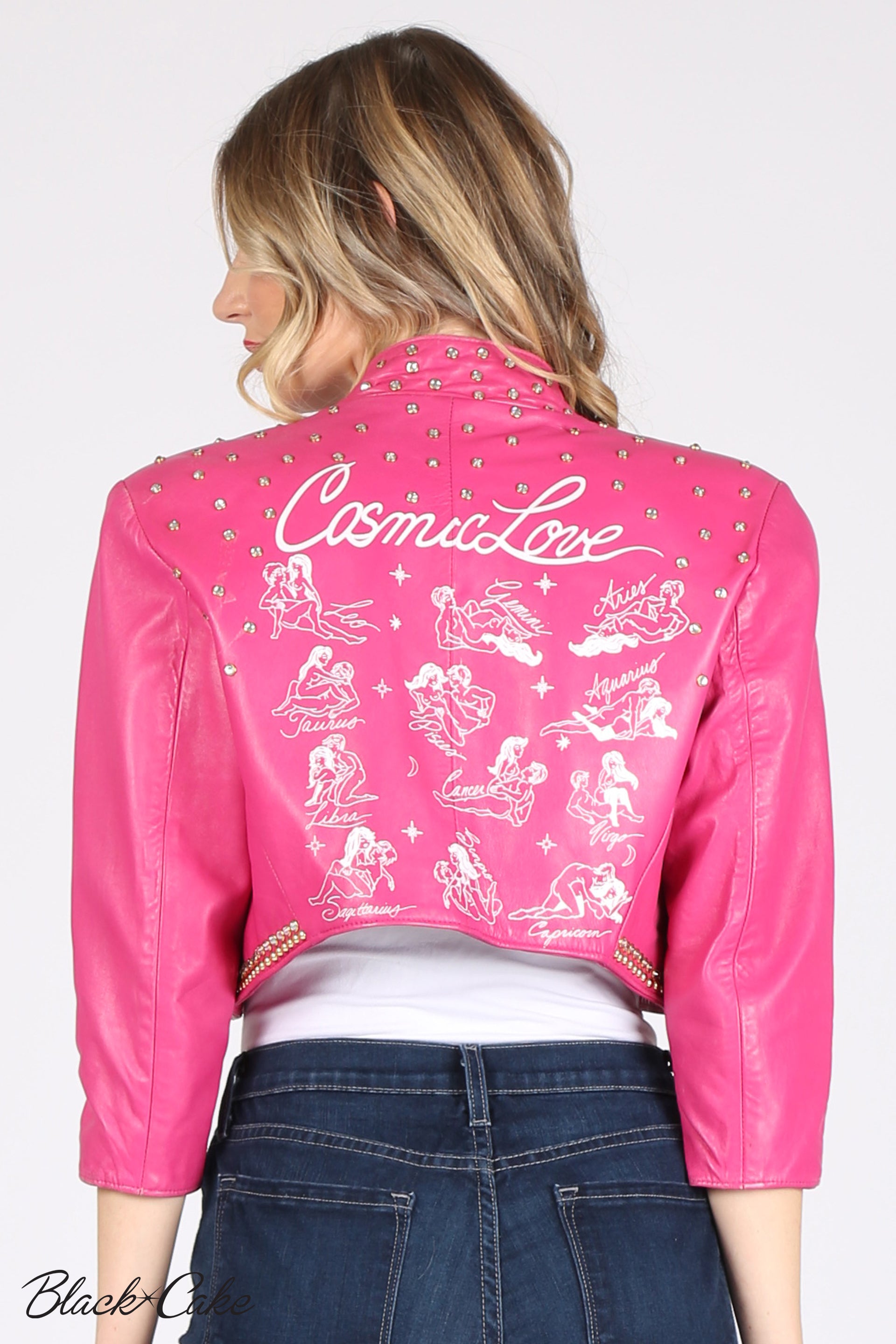 Pink Upcycled Zodiac Sign Leather Jacket- All sales final. No Returns accepted