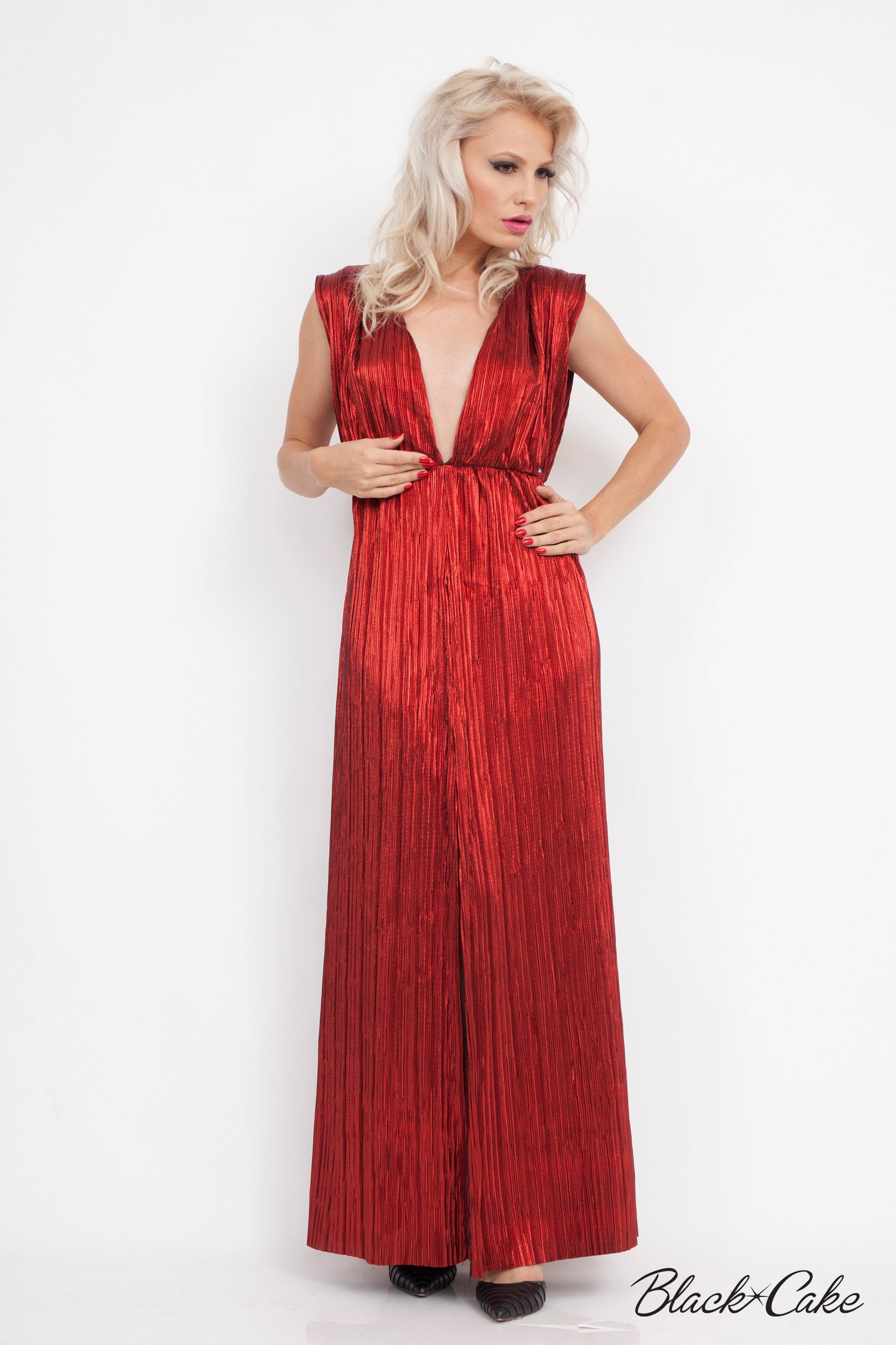 RED LAMÉ METALLIC GRECIAN DRESS