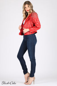 Red Upcycled Zodiac Sign Leather Jacket