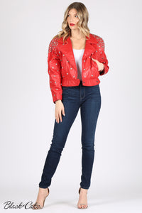 Red Upcycled Zodiac Sign Leather Jacket