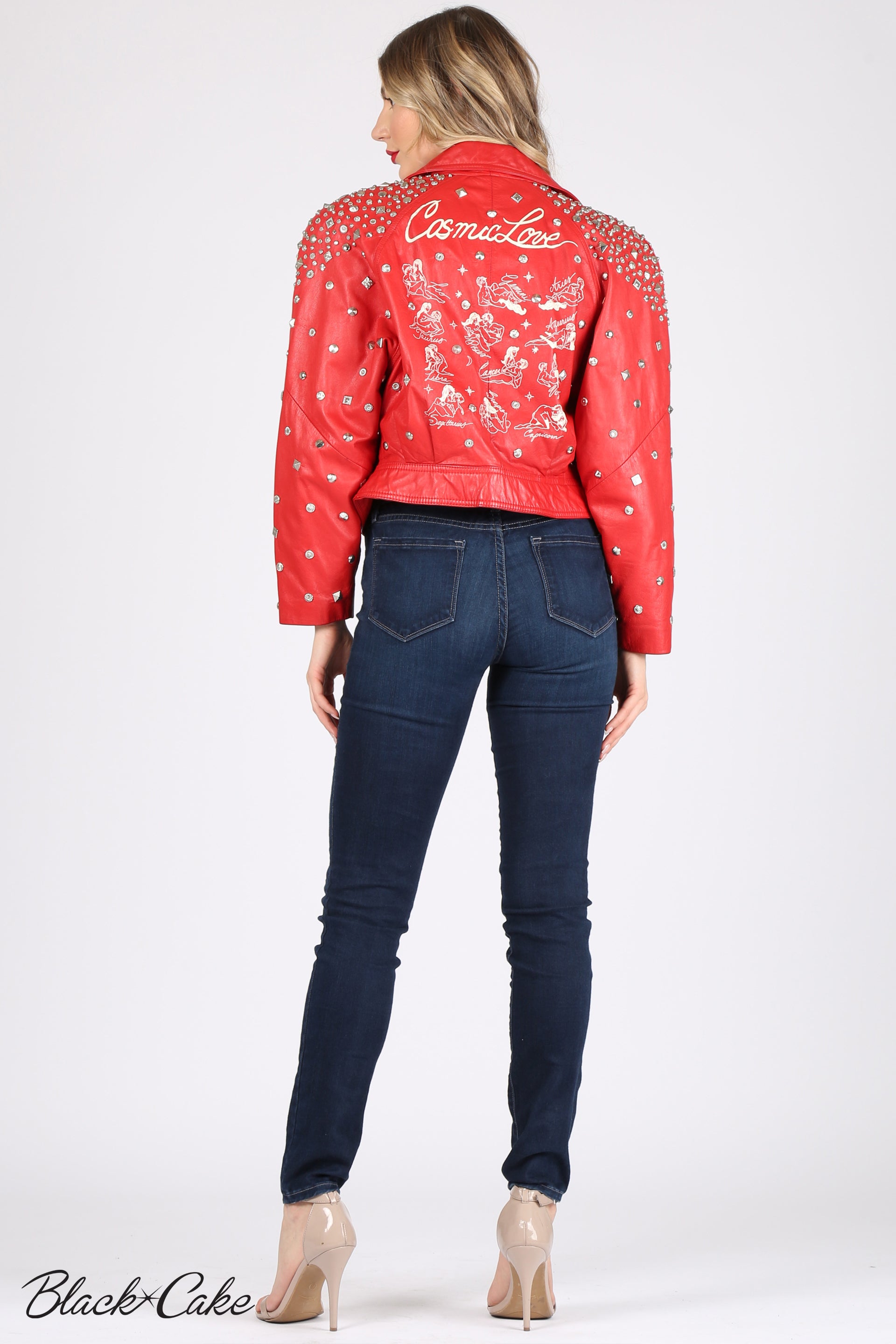 Red Upcycled Zodiac Sign Leather Jacket