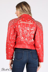 Red Upcycled Zodiac Sign Leather Jacket