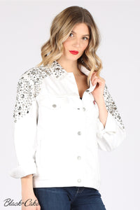 White Upcycled Rhinestone Studded Black Cake Hollywood Logo Jean Jacket by Black Cake Clothing