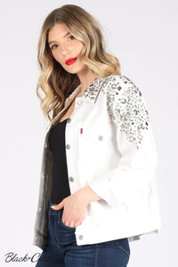 White Upcycled Rhinestone Studded Black Cake Hollywood Logo Jean Jacket by Black Cake Clothing
