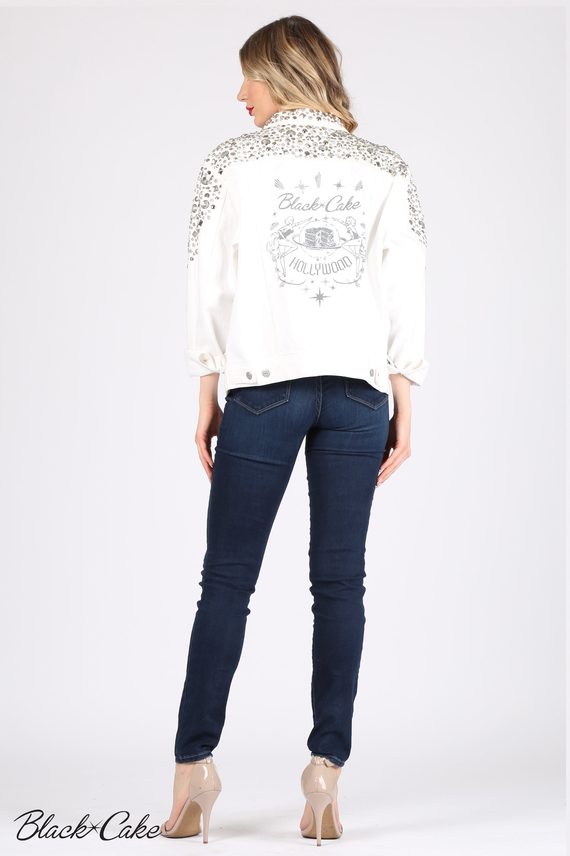 White Upcycled Rhinestone Studded Black Cake Hollywood Logo Jean Jacket by Black Cake Clothing